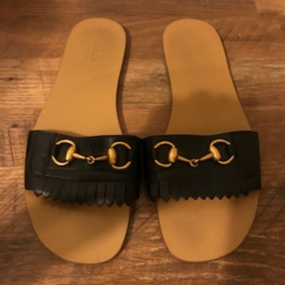 GUCCI Nero Black Leather Fringe Slides 39 - Picture 2 of 4